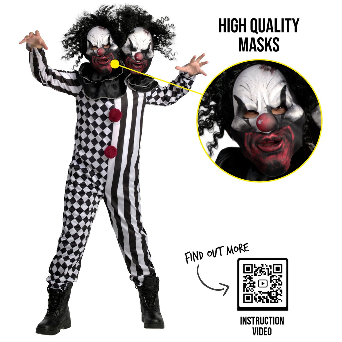  Kids 2 Headed Killer Clown Costume Boys Girls Halloween Halloween Multi-color S