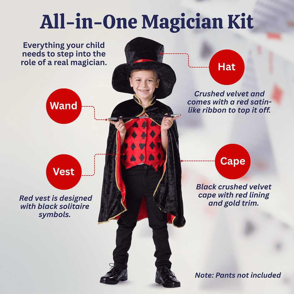  Magician Costume for Kids - Magician Cape, Hat and Wand Set - Magic Dress Up Costume for Boys and Girls Black
