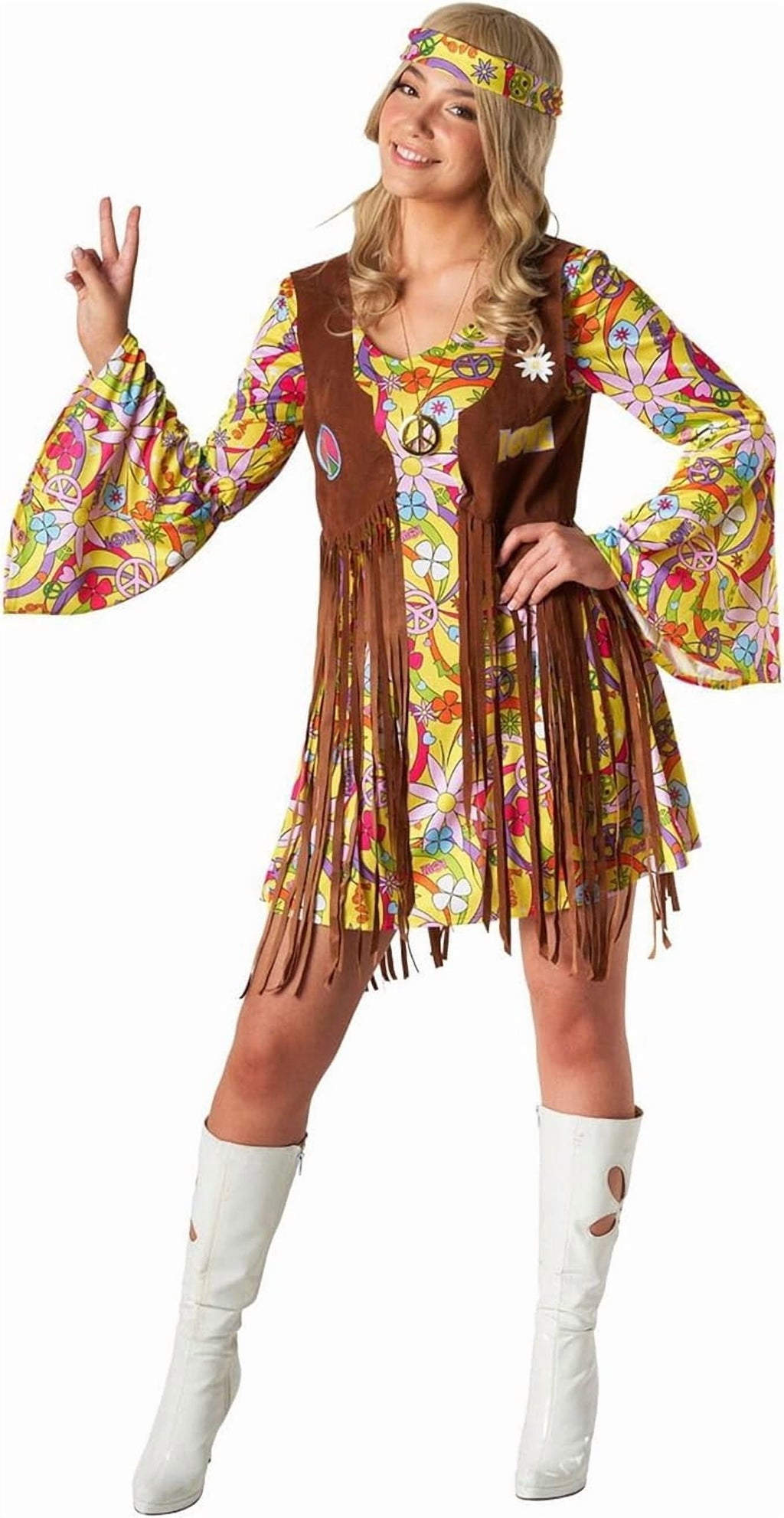  Womens 1970s Hippie Costume Ladies 70s Flower Power Fancy Dress Halloween Yellow L