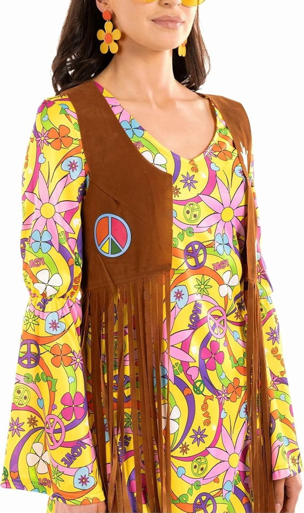  Womens 1970s Hippie Costume Ladies 70s Flower Power Fancy Dress Halloween Yellow L