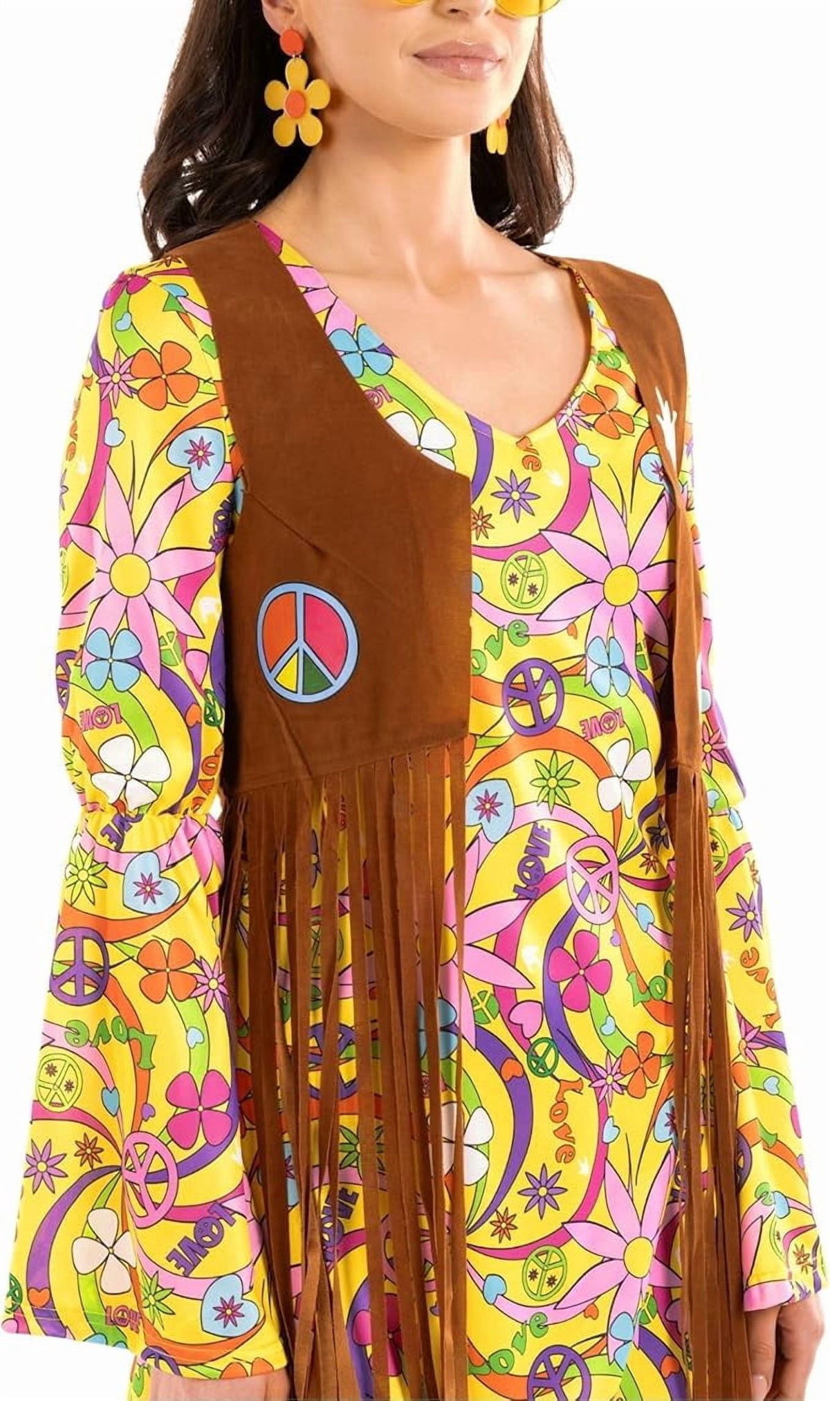  Womens 1970s Hippie Costume Ladies 70s Flower Power Fancy Dress Halloween Yellow L