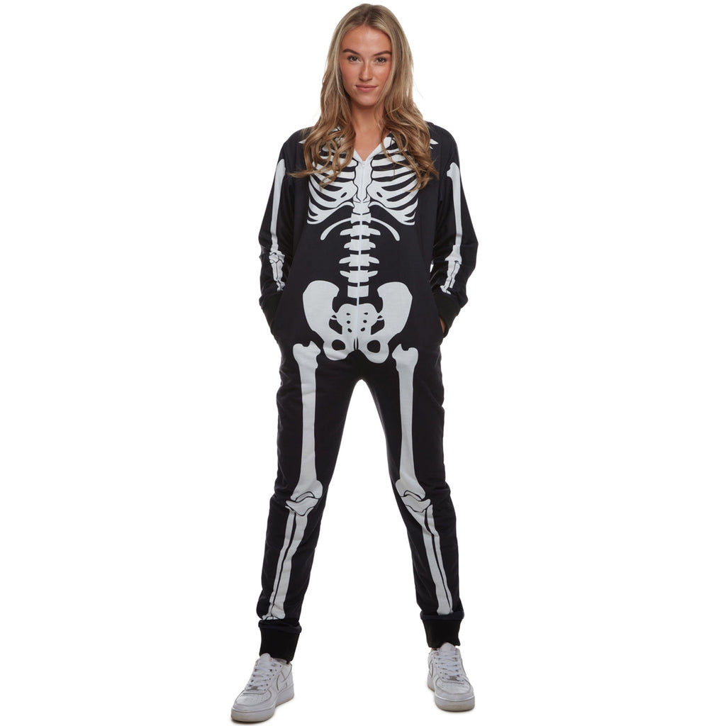  Womens Skeleton Costume Adult One Piece Halloween Pajama Jumpsuit Halloween black M