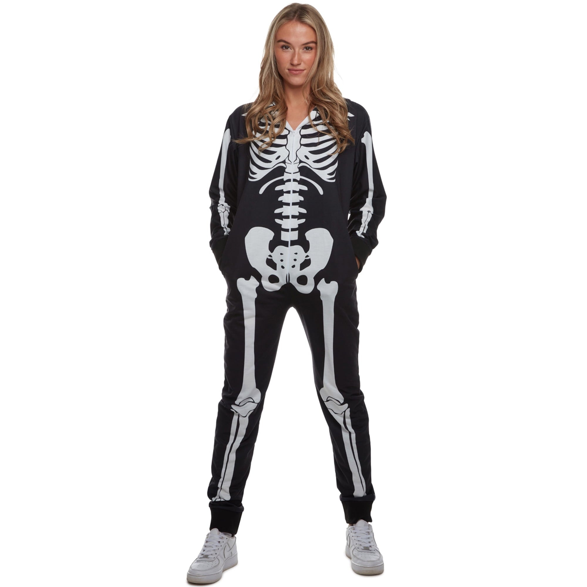 Womens Skeleton Costume Adult One Piece Halloween Pajama Jumpsuit Halloween black M