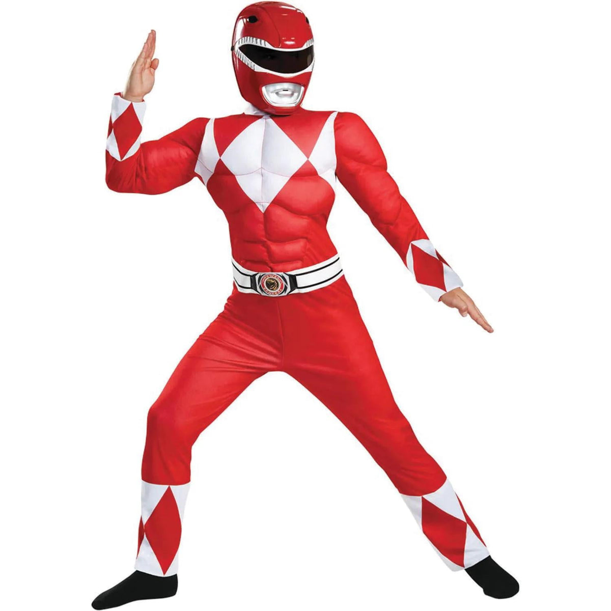  Boys' Deluxe Mighty in Red Ranger Muscle Jumpsuit Costume - 7-8