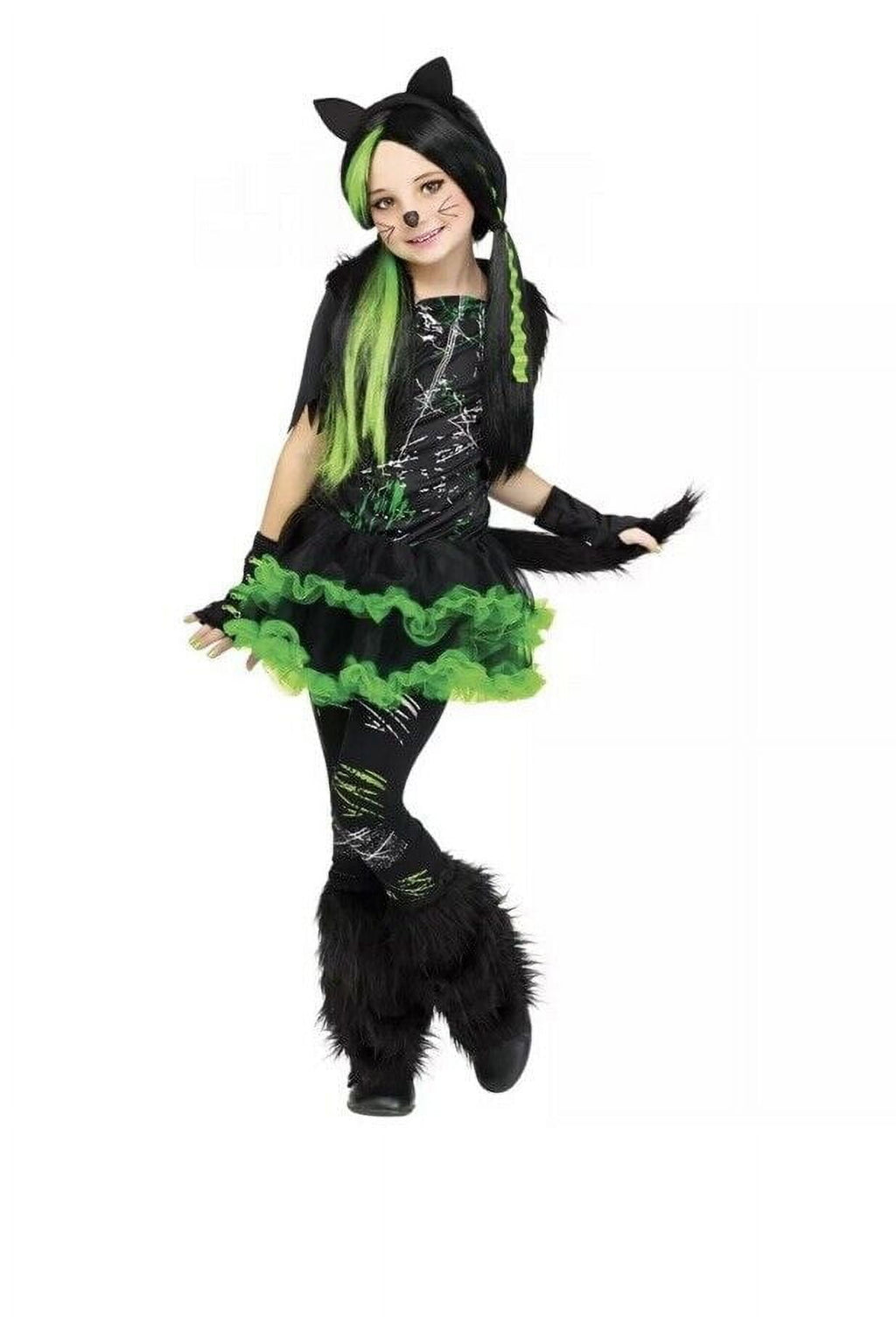  Kool Kat Halloween Cat Punk 4pc Girl Costume, Black Green, Medium 8-10