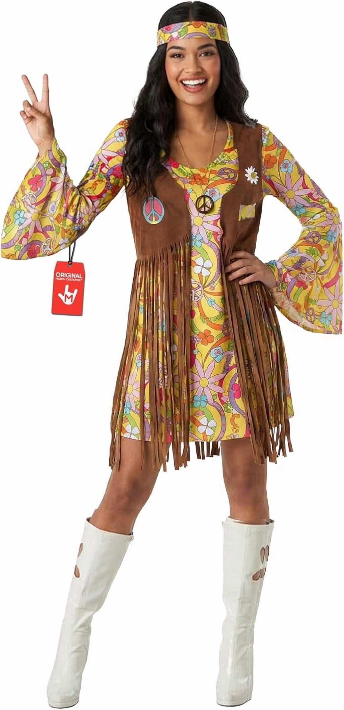  Womens 1970s Hippie Costume Ladies 70s Flower Power Fancy Dress Halloween Yellow L