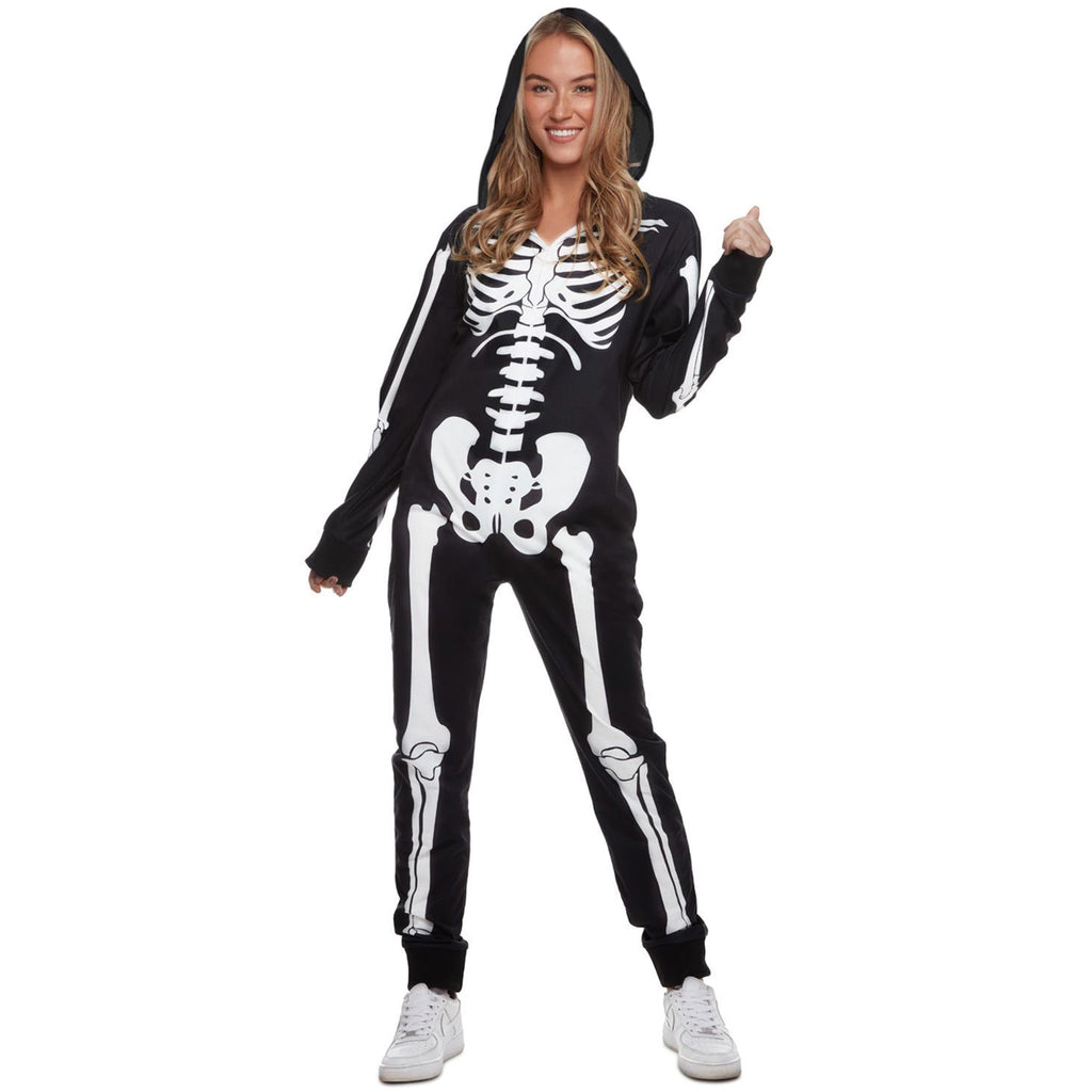  Womens Skeleton Costume Adult One Piece Halloween Pajama Jumpsuit Halloween black M