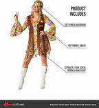  Womens 1970s Hippie Costume Ladies 70s Flower Power Fancy Dress Halloween Yellow L