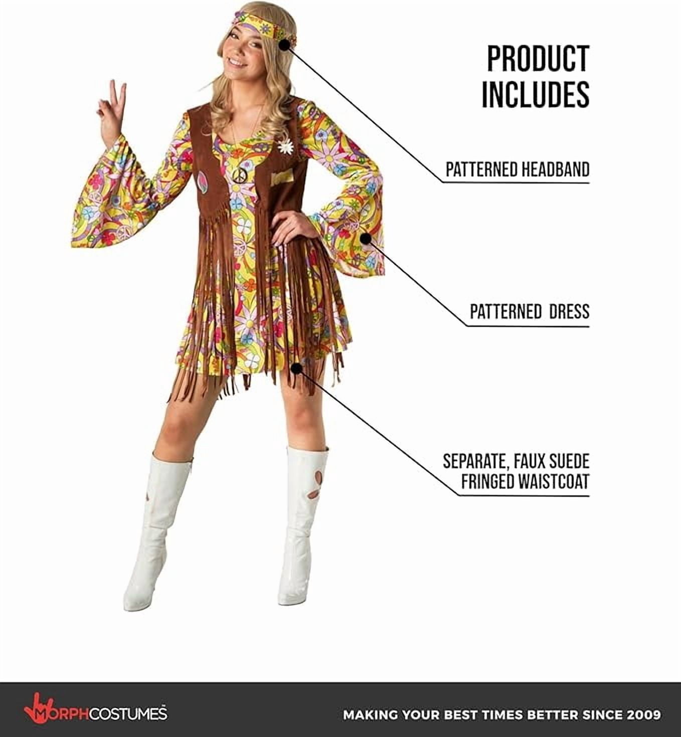  Womens 1970s Hippie Costume Ladies 70s Flower Power Fancy Dress Halloween Yellow L