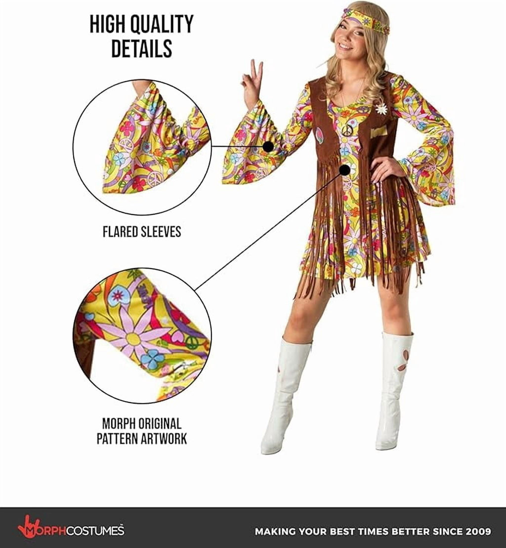  Womens 1970s Hippie Costume Ladies 70s Flower Power Fancy Dress Halloween Yellow L
