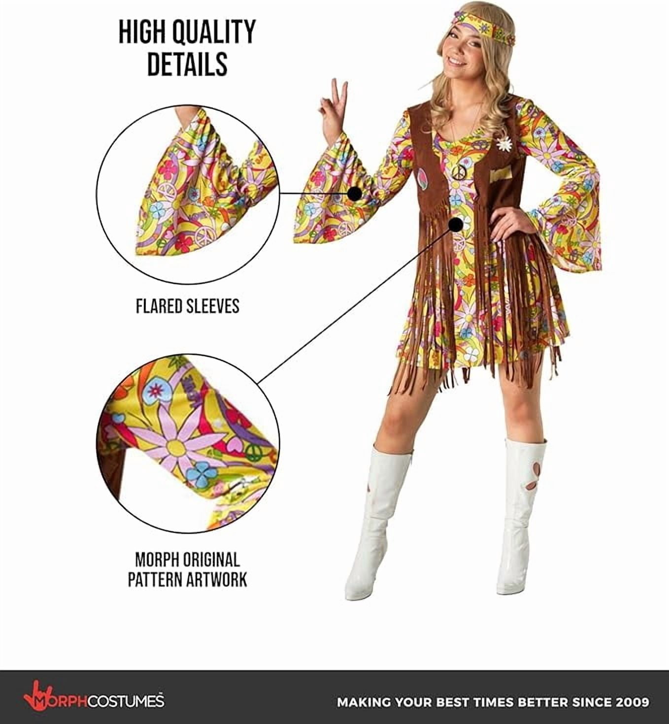  Womens 1970s Hippie Costume Ladies 70s Flower Power Fancy Dress Halloween Yellow L