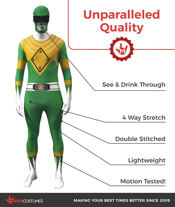 suits Adult Green Power Ranger suit Mens Superhero Fancy Dress Costume Halloween Green XL