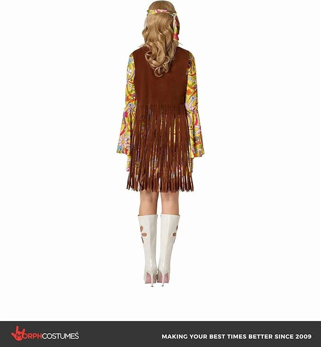  Womens 1970s Hippie Costume Ladies 70s Flower Power Fancy Dress Halloween Yellow L