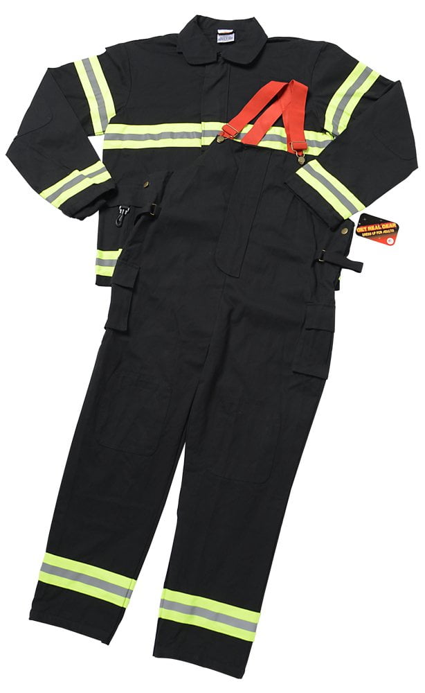  Jr. Firefighter Gear, Black, Adult Large, Pants, Coat, & Suspenders, Fits 5'8"+ *****HELMET SOLD SEPERATLY*****
