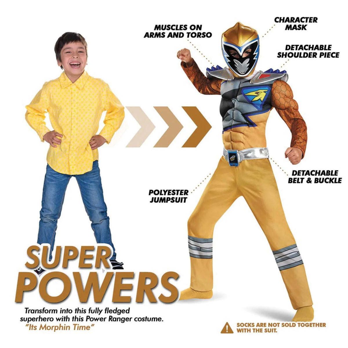 Boy\'s Gold Ranger Classic Muscle Halloween Costume - Dino Charge
