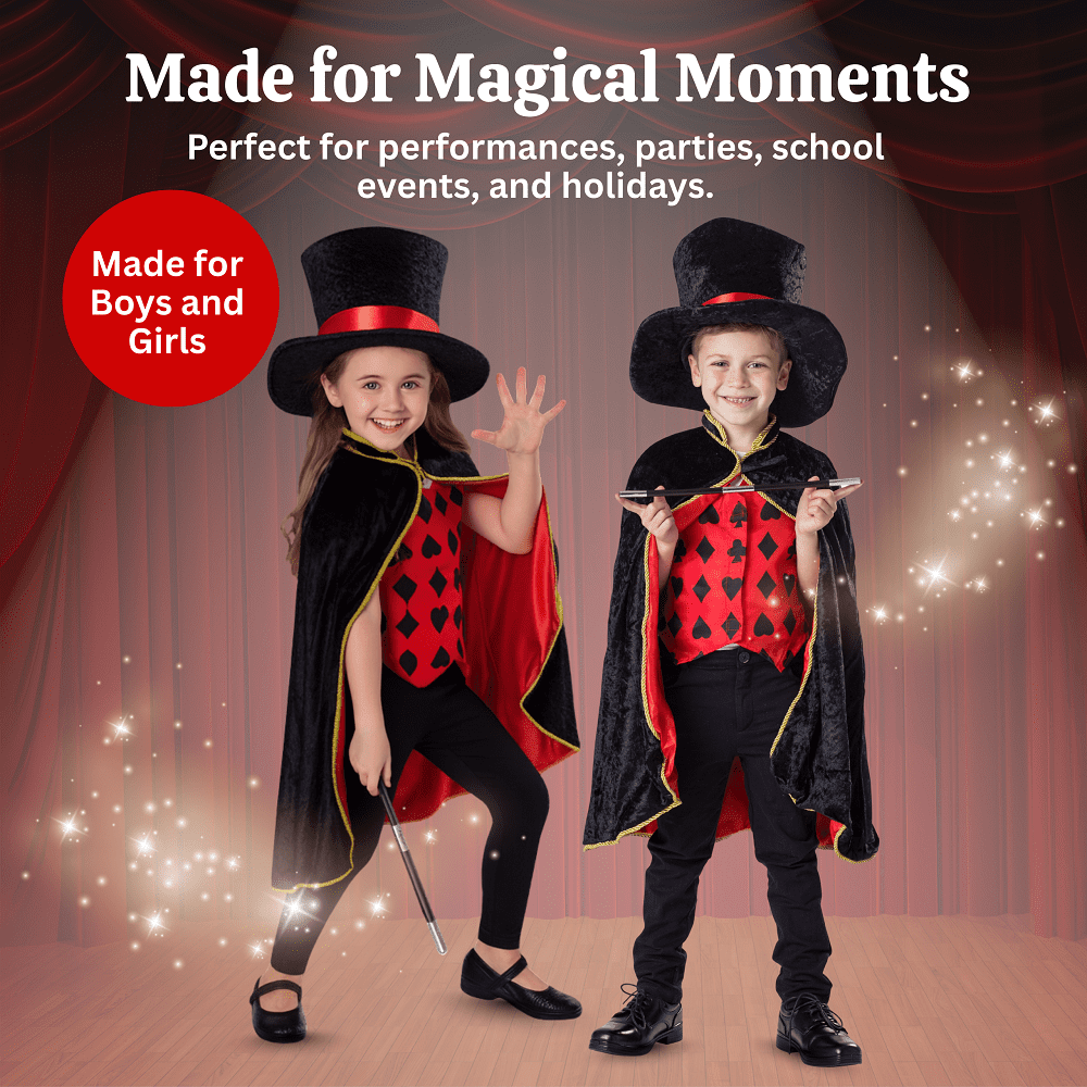  Magician Costume for Kids - Magician Cape, Hat and Wand Set - Magic Dress Up Costume for Boys and Girls Black
